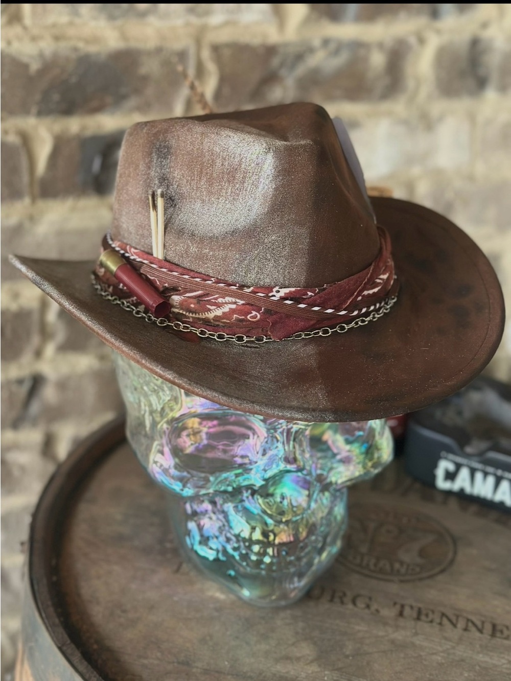 Women’s Brown Distressed Leather Western Hat with Red Bandana Accent - Picture 3 of 5